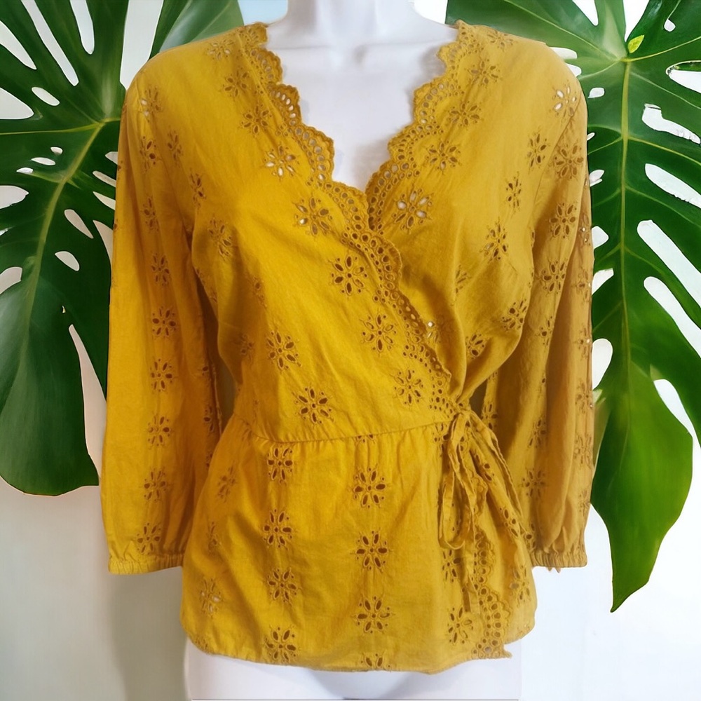 Madewell Mustard Yellow Eyelet Cotton Country Wrap Blouse